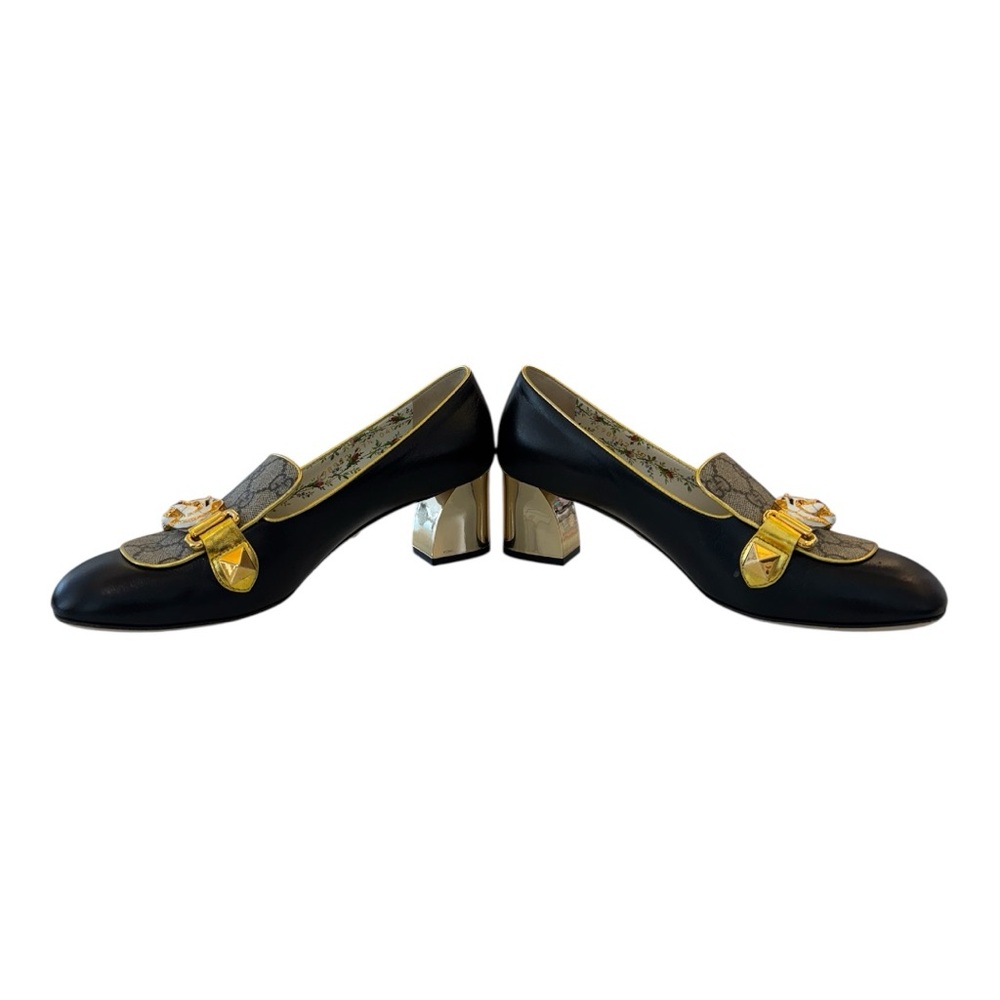Gucci Black Leather & GG Canvas pumps with Gold Hardware and Floral Lining - Picture 3 of 6